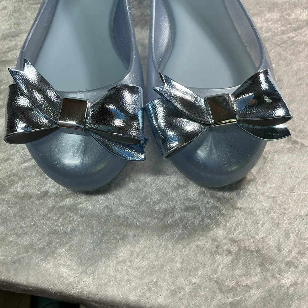 Melissa Mel Girls Size 3 Light Blue Glitter Jelly Ballet Flats Bow Slip On Shoes